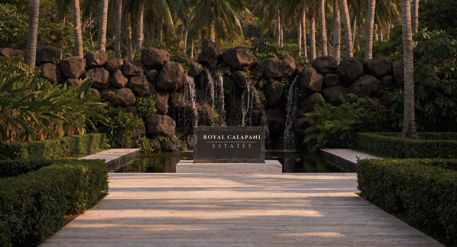 Artist's impression of the approach walk to the entrance monument,
                    hedged either side, with the falls behind the name stone.