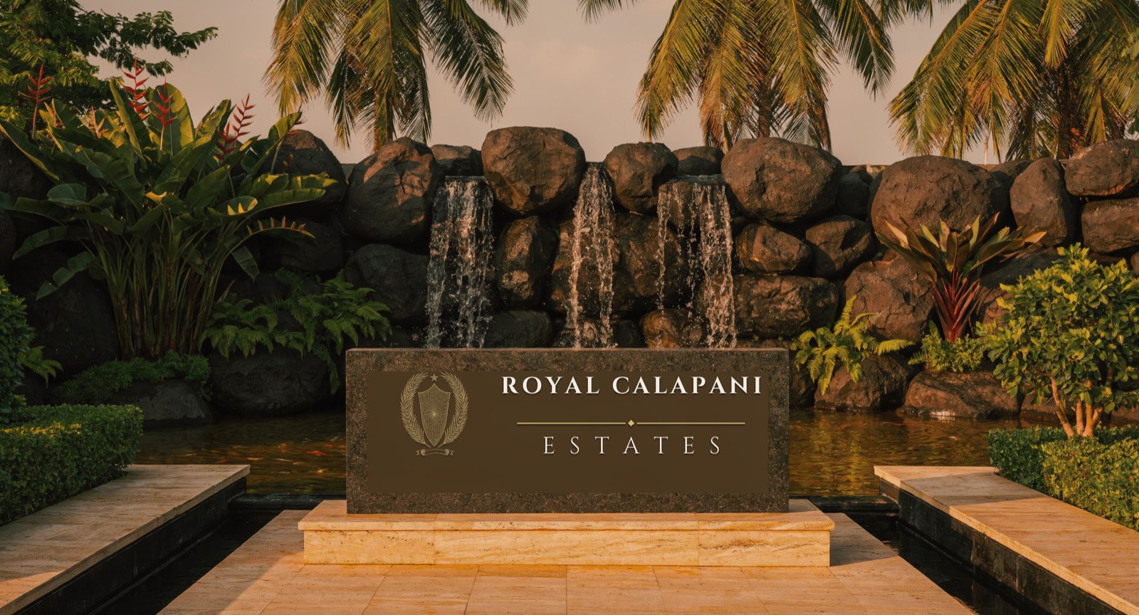 Artist's impression of the estate entrance in the afternoon, water falling over
                  stacked boulders behind the name stone.