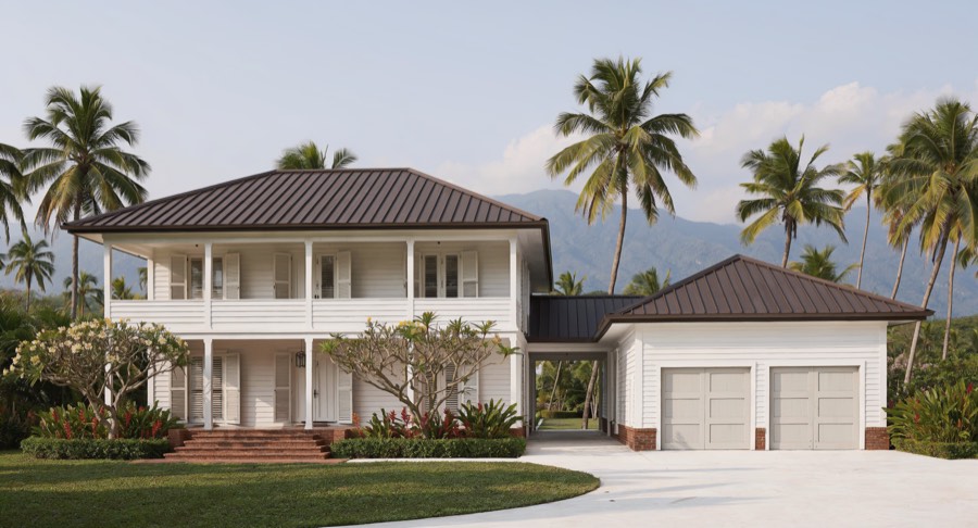 Artist's impression of the Verandah: a white two-storey Lowcountry house
                  with a deep two-storey columned porch, metal hip roof and a matching
                  enclosed garage wing.