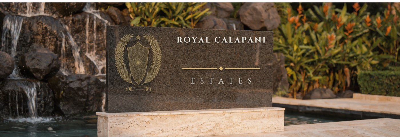 Artist's impression of the name stone: the crest and the words
                    Royal Calapani Estates engraved on dark stone.